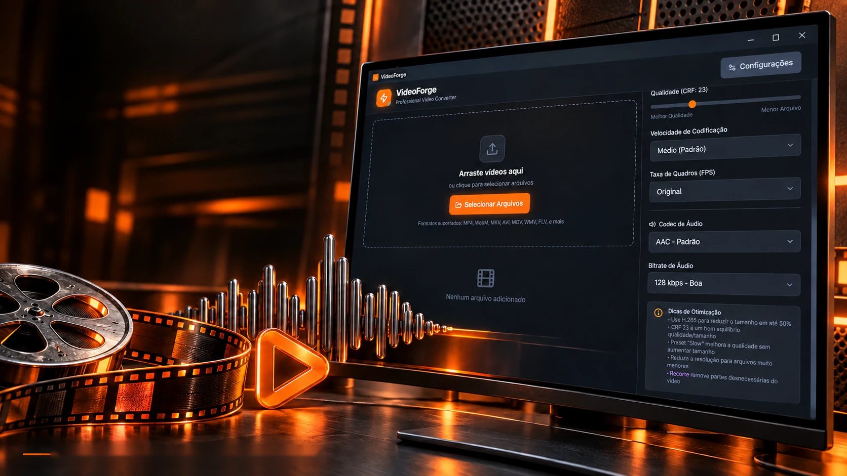 Escena del proyecto: la ventana del programa con los ajustes de audio, una onda de sonido de metal y un botón de play naranja