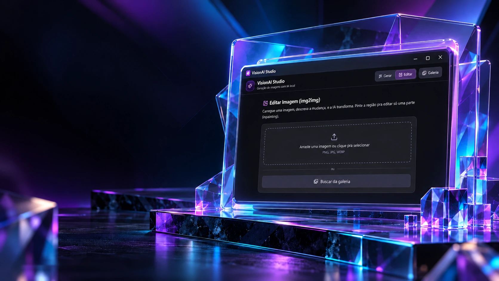Project scene: the edit screen on a glass monitor, over a crystal stage