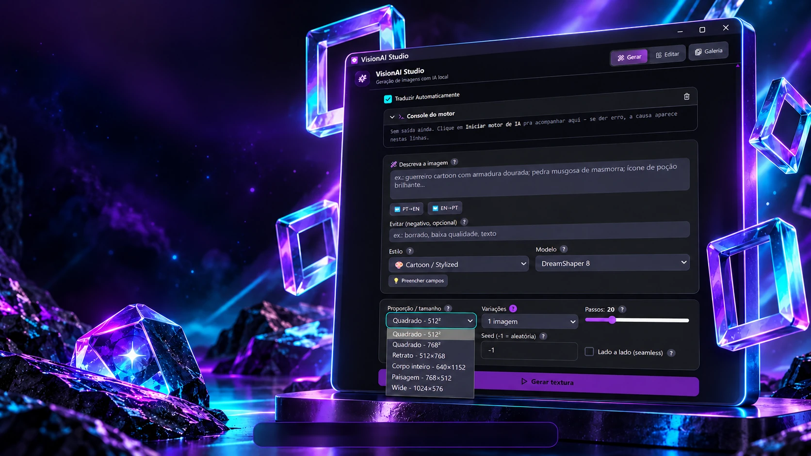 Project scene: the generation screen on a glass monitor, with the aspect-ratio menu open, among purple crystals