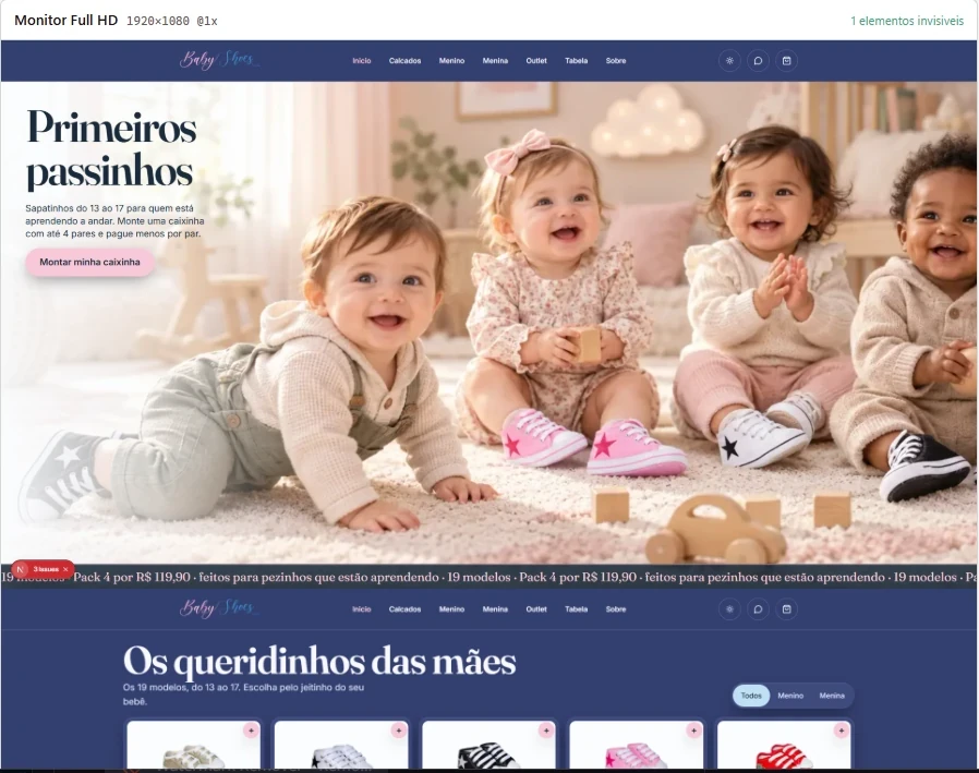 The BabyShoes store captured on the Full HD monitor, with the 1 invisible element notice in the header