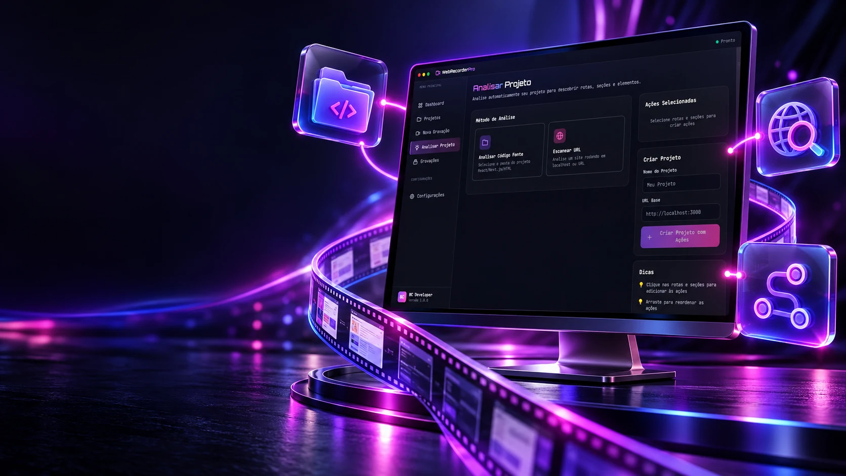Escena del proyecto: la pantalla Analizar Proyecto en un monitor, con íconos de vidrio de carpeta de código, mapa de rutas y búsqueda, unidos por luz