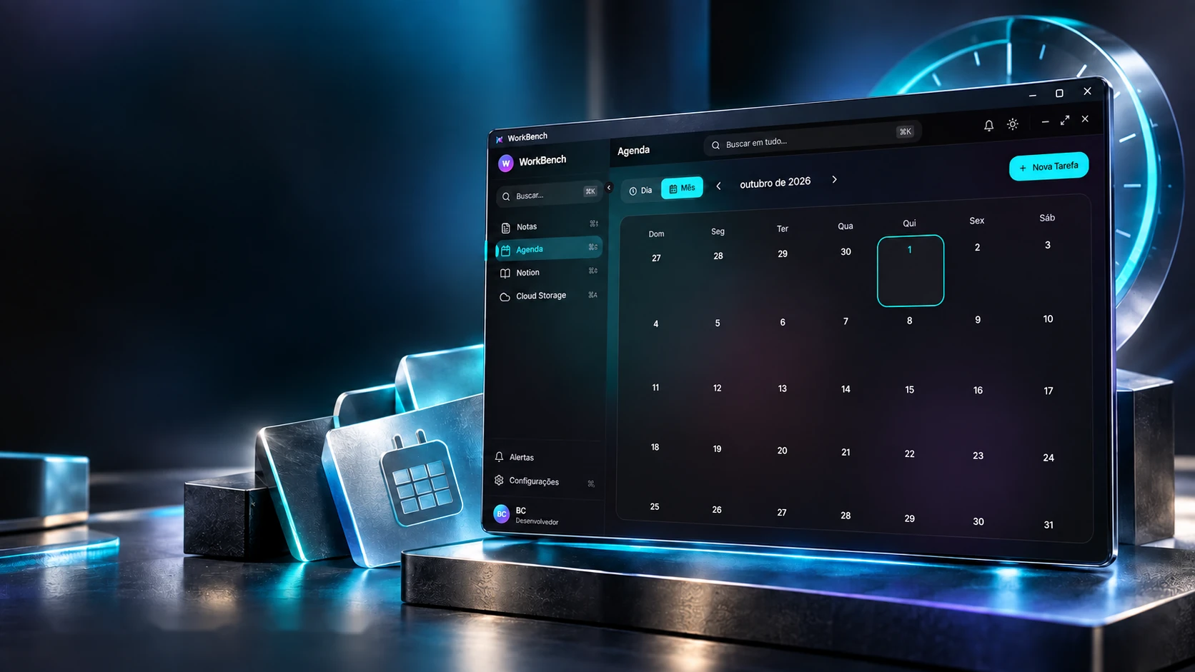 Project scene: the program window with the October planner, a glass calendar and a blue clock